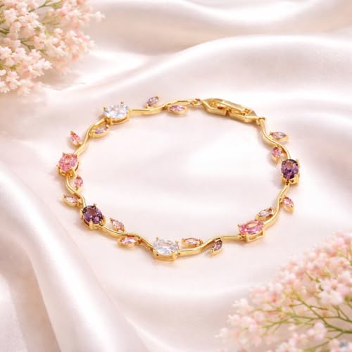 Image of H&K Jewels Tulip Bracelet with Multicolour Gemstones, Pink, Purple & Clear Oval Marquise Crystals, Korean Purple & Pink Gemstones, 18K Gold Plated, Anti-Tarnish & Waterproof, Gift for GF and Wife