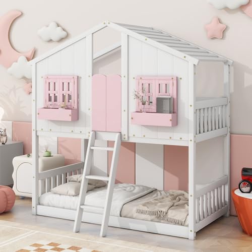DNChuan Twin Over Twin House Bunk Bed with Roof and Window Pink White