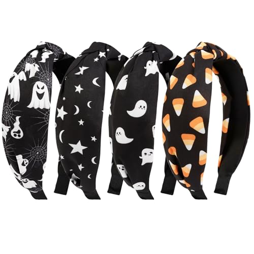 Huachi Halloween Headbands for Women Girls, Knotted Headband with Boo Candy Spooky Ghost Halloween Hair Accessories for Women 4PCS