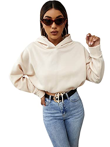 SheIn Women s Casual Long Sleeve Drop Shoulder Drawstring Hem Solid Crop Hoodies Sweatshirt Tops Beige Medium