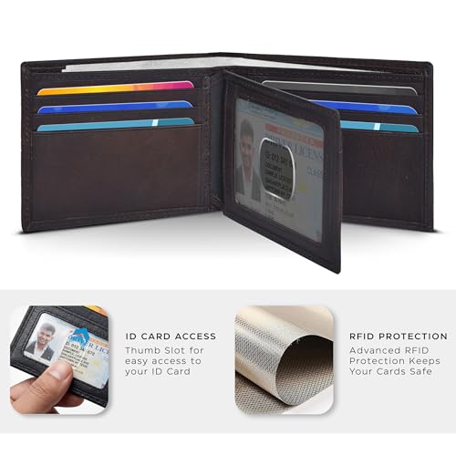 Image of Oak Leathers Leather Wallet for Men - RFID Bifold Wallets with 9 Credit Cards 1 ID Window Slim Minimalist Front Pocket Gift For Men