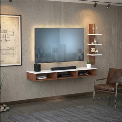 Image of 32 inches Broad Based Engineered Wood Wall Mount TV Entertainment Unit with Single Pillar Decor Shelves, Best Suits 42 inches tv