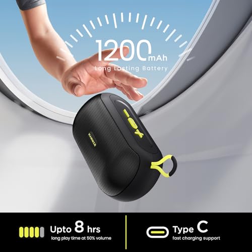 Image of HAMMER Wave 10W Bluetooth Speaker Up to 8 Hours Playtime, TWS Function, Made in India, Built-in Mic, BTv5.4, USB Port, Type-C Interface Wireless Bluetooth Speaker with Hanging Loop (Black)