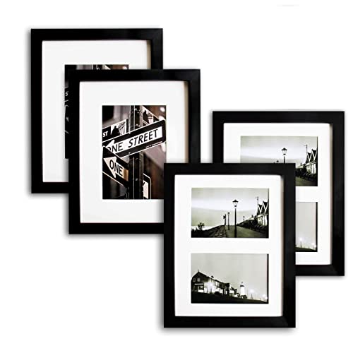 TheDisplayGuys Set of 4 11x14 Pine Wood Picture Frames with 8x10 Acid-free Mat & Tempered Glass (Matte Black)