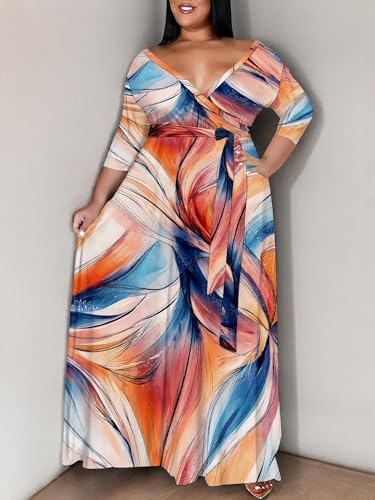 Image of SUZONANA Plus Size Maxi Dresses for Curcy Women Casual Loose 3 /4 Sleeve Long Dress with Belt