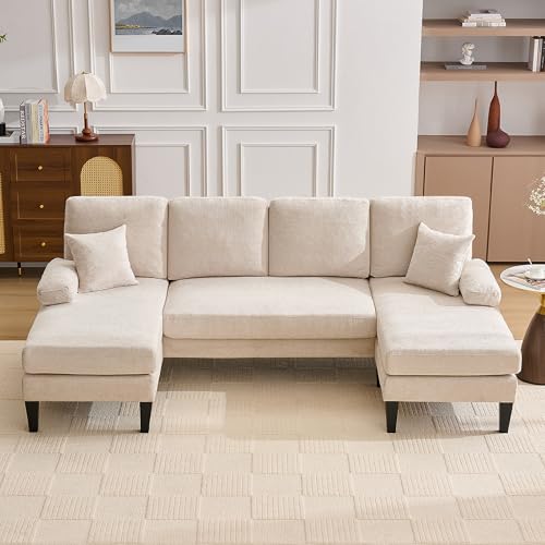 Image of 98 inch Sectional Couches for Living Room, U Shaped Couch with 18 inch Seat Height, 4 Seater Couch Set with Double Chaise for Apartment, Living Room Sofas, Chenille, Beige