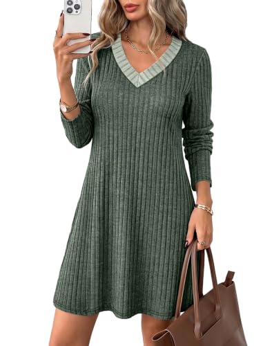 Ofeefan Fall Dresses for Women 2026 Sweater Dress Winter Clothing Green L | Long sleeve dress, fall outfits, chirstmas, casual dresses, v neck, ribbed knit, knee length, wedding guest, graduation - image 3