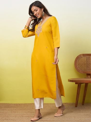 Image of Women's Embroidered Silk Straight Kurta Kurti | Below Knee Kurtas for Women Traditional Indian Wear Outfit Suitable Casual Festive Office Styling