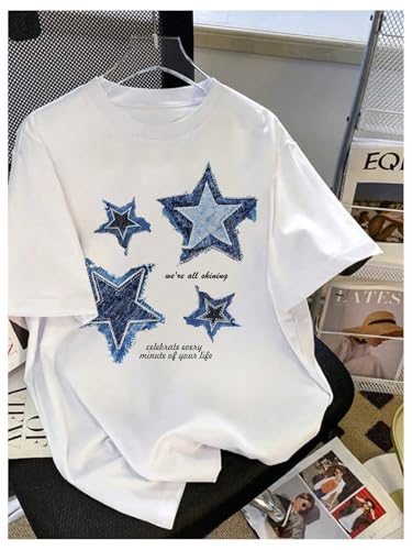 Girl's Drop Shoulder Letter Star Print Tee Tops Loose Short Sleeve Crew Neck T Shirts3