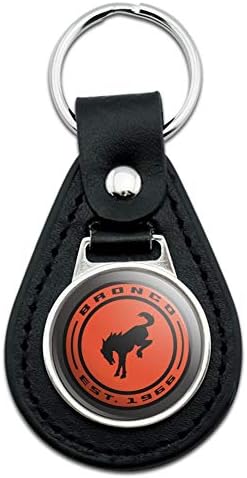 Black Leather Bronco Round Badge Distressed Keychain