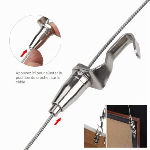 Hyber&Cara Kit accrochage complet de tableau photo, fil suspension en acier inoxydable ø2mm x 2.5m charge max 40kg avec D Anneaux crochet pour photo cadre, crochet pour cimaise rail et vis – vue 4