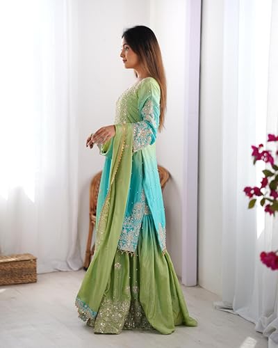 Image of Pandadi Saree Women's Chinon Silk Embroidery Kurta Sharara Set With Dupatta.