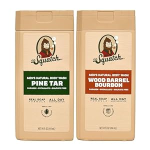 Dr. Squatch NEW Body Wash for Men with Nourishing, Natural Ingredients | No Paraben, Phthalate, Sulfate | All Day Moisture | Long Lasting Scent | Pine Tar & Wood Barrel Bourbon (14 oz, 2-Pack)