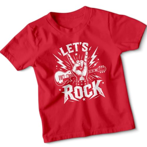 Image of Kids Let's Rock T Shirt Rockstar Day Boys and Girls Tee Childrens Guitar Band Rock N Roll School Top 5-6 Years Red