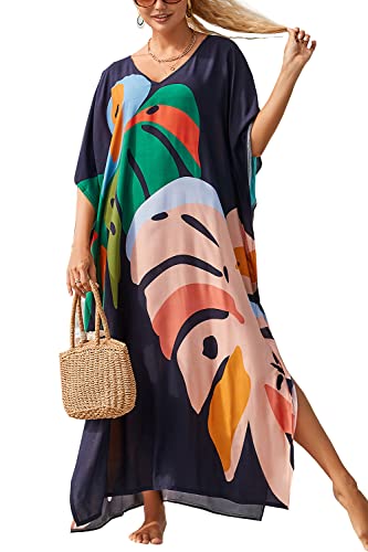 L-Peach Damen Sommer Ethnischer Druck Kaftan Maxi Langes Strandkleid Pareos Strandhemd Bademode Bikini Cover Ups Cover