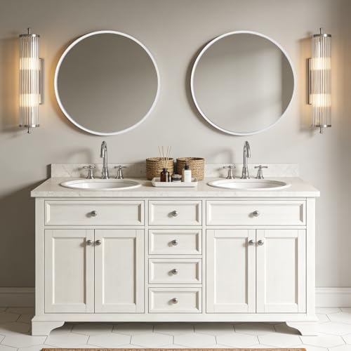 Image of WallBeyond Round Wood Mirror 24 inch Circle Wall Mirror for Bathroom Round Wall Mirror for Wall Decor, Vanity, Entryway Living Room (White)
