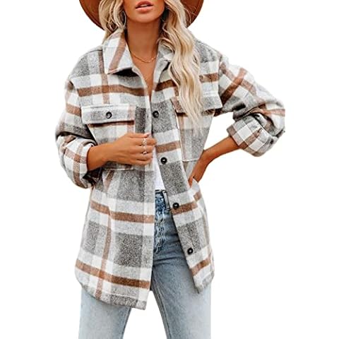 Beaully Women's Flannel Plaid Shacket Long Sleeve Button Down Shirts Jacket Coats with Side Pockets 6017 Khaki XXL Cover