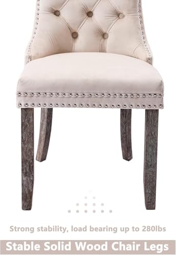 Image of Virabit Velvet Dining Chairs, Tufted Upholstered Dining Chairs with Nailhead Back and Ring Pull Trim, Solid Wood Dining Chairs for Kitchen /Bedroom /Dining Room (Beige, Set of 6)