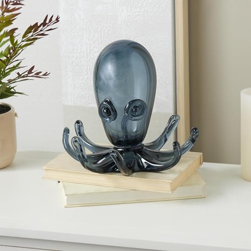 Image of Deco 79 Glass Octopus Decorative Sculpture Cute Ombre Home Decor Statue with Curved Tentacles, Accent Figurine 9 inch x 9 inch x 8 inch, Dark Blue