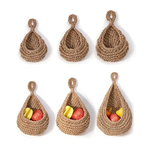 Jute Kitchen Hanging Baskets 6Pcs, Vegetable Woven Basket Jute, Boho Kitchen Decor, Hanging Fruit Basket for Wall Door, Nursery Wall, Pantry, Bathroom（Brown）