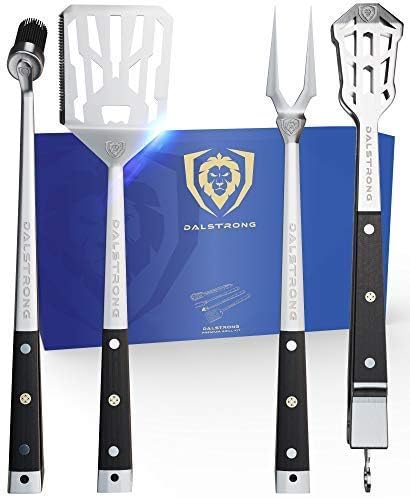 DALSTRONG - 4-Piece Premium Grill Kit - High-Carbon Stainless Steel - G10 Handles -Tongs, Spatula, Fork, Silicon Bruch - Carrying Case Included