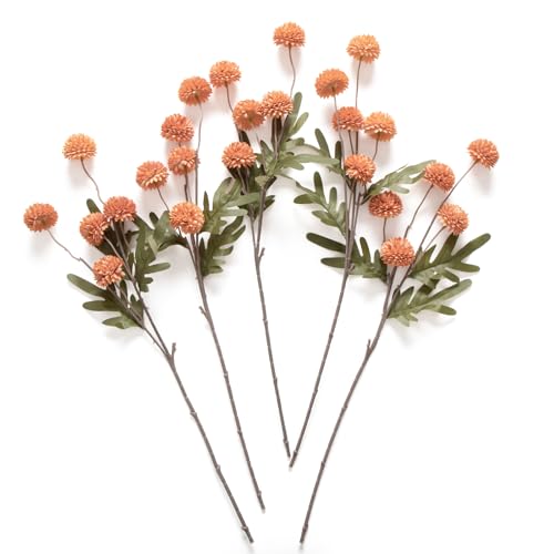 Laelfe Artificial Pompon Mum Burnt Orange, 5Pcs Fake Kiku Flowers Silk Small Mini Chrysanthemum Ball Faux Mum Decor for Vase Filler DIY Bouquet Centerpieces Arrangements Shower(Burnt Orange)