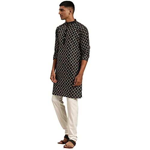 Image of SOJANYA, Men's Silk Blend NavyBlue Kurta with Multi Color Embroidery and Off-White Pyjama