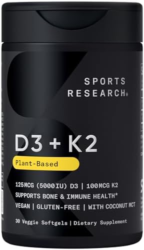 Sports Research® Vitamin D3 + K2 w/Coconut Oil - Vegan Vitamin D 5000iu (125mcg) & Mk7 Vitamin K 100mcg for Bone & Immune Support - Vegan Certified · Non-GMO · Soy Free - 30 Softgels