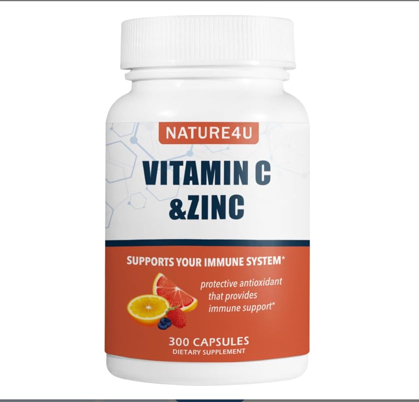 Nature4U Vitamin C 1000mg with Zinc, Rose HIPS and Citrus Bioflavonoids, Immune Support Supplement Antioxidants Protection, 300 Capsules