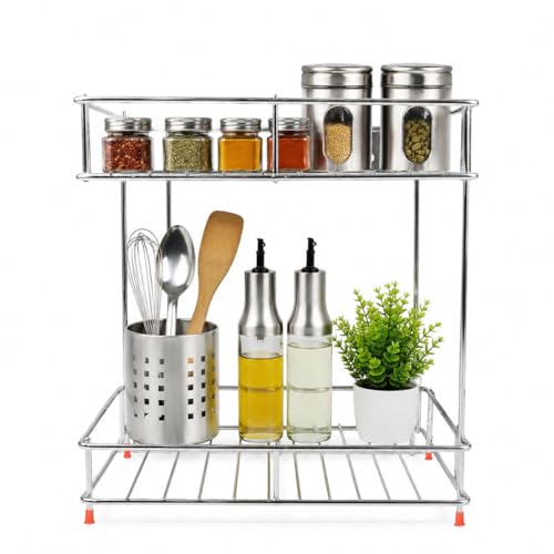 Image of Zepdos 2 Tier Stainless Steel Kitchen Organizer Rack, Wall Mounted Spice Rack & Countertop Storage Shelf for Kitchen, Bathroom & Pantry, Multipurpose Storage Stand for Jars, Oil Bottles & Utensils