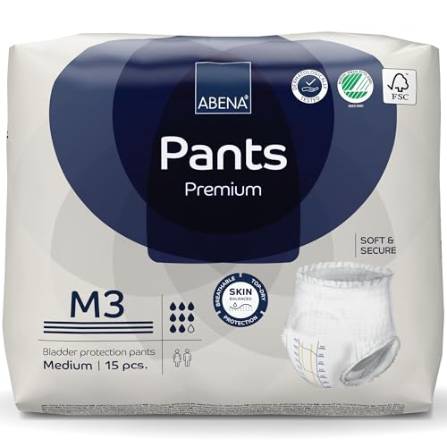 Abena Pantalones de incontinencia de alta calidad, con etiqueta ecológica, discretos, protectores, transpirables, cómodos, talla M 3, cintura de 80-110 cm, absorción de 2400 ml, 15 unidades
