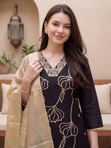 Image of INDO ERA Women's Cotton Blend Solid Straight Kurta Palazzo With Dupatta Set