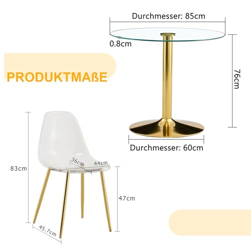 Mesa de comedor redonda de cristal templado resistente y 4 sillas transparentes 5