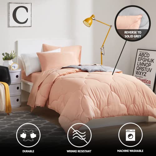 Image of Comfort Spaces Vince Reversible Bed In A Bag - Trendy Casual Geometric Quilted Cover, All Season Down Alternative Cozy Bedding, Matching Sham, Twin XL, Reversible Coral /Gray 6 piece