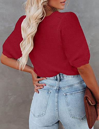 Image of Womens Short Sleeve Sweaters Crewneck Knit Pullover Tops 2025 Summer Casual Lightweight Crochet Blouse Shirt
