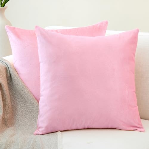 Image of Encasa XO Velvet Throw Pillow Covers 20x20 in (50x50 cm) - Light Pink - No Inserts, Pack of 2 Cases | Solid Plain Dyed Soft & Smooth, Square Decorative Cushion Covers for Living & Bedroom