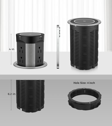 Regleta emergente para encimera, PD45W 4 USB/8 tomas/cargador inalámbrico miniatura 7