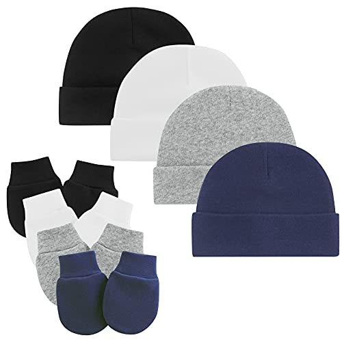 Zando Bonnet bébé en coton pour nouveau-né bonnet bébé ensemble de gants pour nouveau-né, Lot de 4 : blanc, noir, gris et bleu marine, 0-6 mois Cover