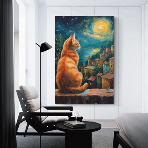 Tableaux pour cuisine et salle de bain chat sous la lune toile 50x75cm