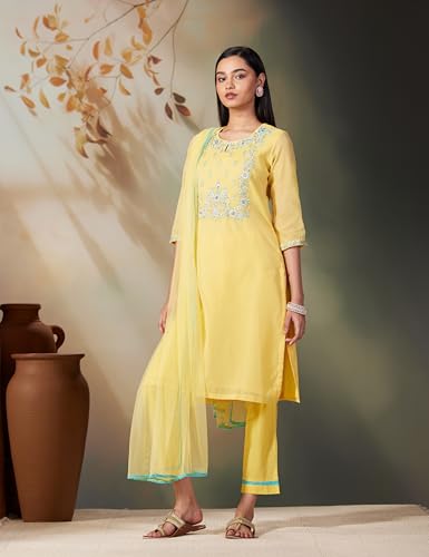 Image of BIBA Women Art Silk A-Line Kurta Regular Pant Suit Set