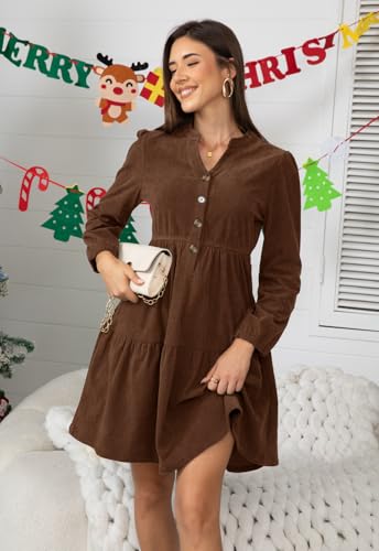 Jayscreate Women's 2025 Long Sleeve Corduroy Dress Above Knee A-Line V Neck Fall Winter Short Work Dress4