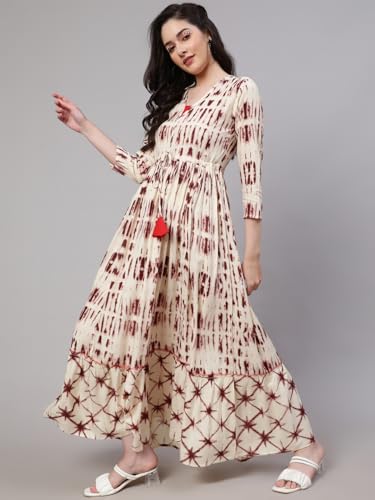 Image of Daevish Women's New Rayon Printed Tie-up Waist V Neck Flared Maxi Dress | Women Flared Dress