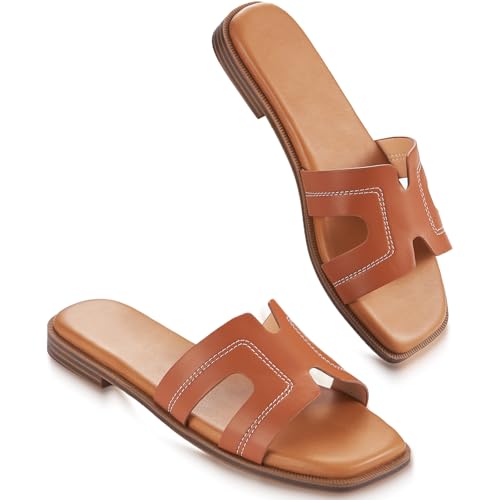 KENMITDY Womens Sandals Slip On Fashion Flat Sandals Soft Memory Foam Slides Comfortable Leather Open Toe Slide For Summer Dressy 2025, Brown, 7