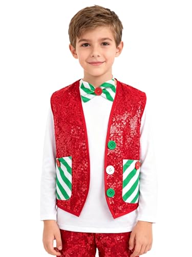 RUNQHUI Garçon Gilet Noël sans Manches Paillette Nœud Papillon Tenue Noël Costume Soirée Rouge 11-12 ans