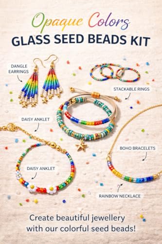 Image of Beadsnfashion Opaque Colors Glass Seed Beads Kit for Girls and Kids- Size 11 /0 (2mm) - Includes 12 Mtrs Nylon Thread for Jewellery Making, Beading, Embroidery, Art & Craft Projects