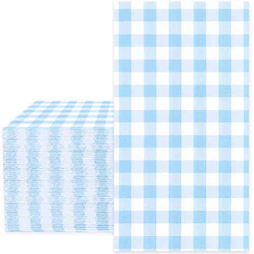 Whaline Baby Blue Guest Napkin Buffalo Plaid Disposable Paper Napkin 3 Ply Wedding Dinner Hand Napkin Towel for Party Supplies Table Decor, 80 Pcs