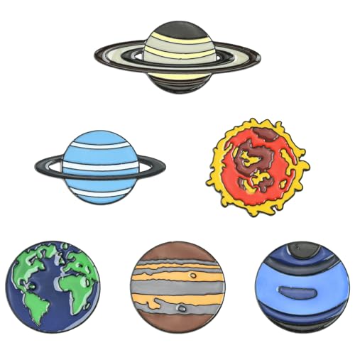 Stiesy Planet Space Funny Enamel Pins 6Pcs, Alloy Electrophoresis Black Earth Mars Mercury Jupiter Shape Badges Lapel Metal Brooch for Backpacks, Hat, Clothes, Jackets, Sci-Fi Galaxy Theme Accessories