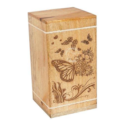 Image of Handcrafted Floral Engraved Wooden Urns for Human Ashes Adult Large - Cremation Urn for Ashes - Burial Urn for Columbarium - Funeral Urn Box (Floral Butterfly 2, 250 LB - Hardwood)