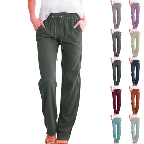 Lightweight Pants For Summer Women,Womens Linen Pants,Womens Pant High Waist Drawstring Elastic Summer Pant Lightweight Loose Trousers Casual Clothes With Pockets Army Green Large