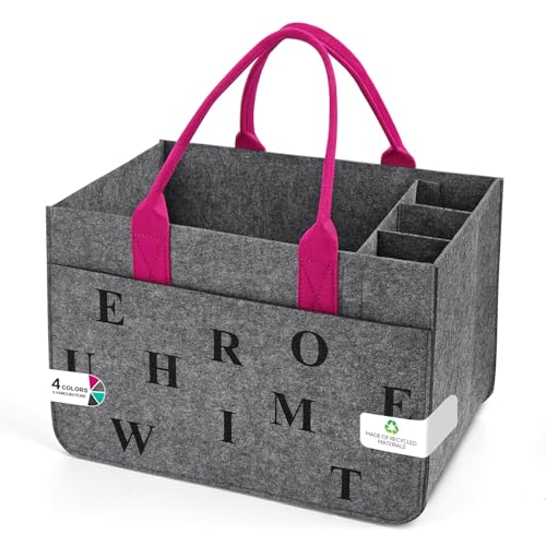 Eurhomewit Filz Einkaufskörbe Filztasche Einkaufstasche mit Fächern, Filztasche Groß 30L Faltbar Robust Flaschentasche Kaminholztasche Kleiderkorb Spielzeugtasche (Mittelgrau + Magenta/1 Stück)